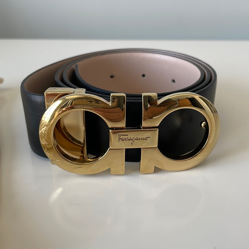 REVERSIBLE AND ADJUSTABLE FERRAGAMO GANCINI BELT- black/new bisque